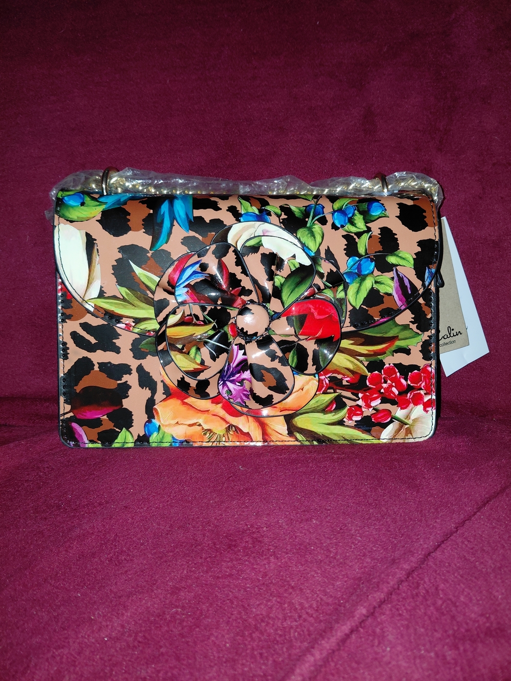 Floral & Leopard Print Flower Applique Crossbody Clutch - Multicolor